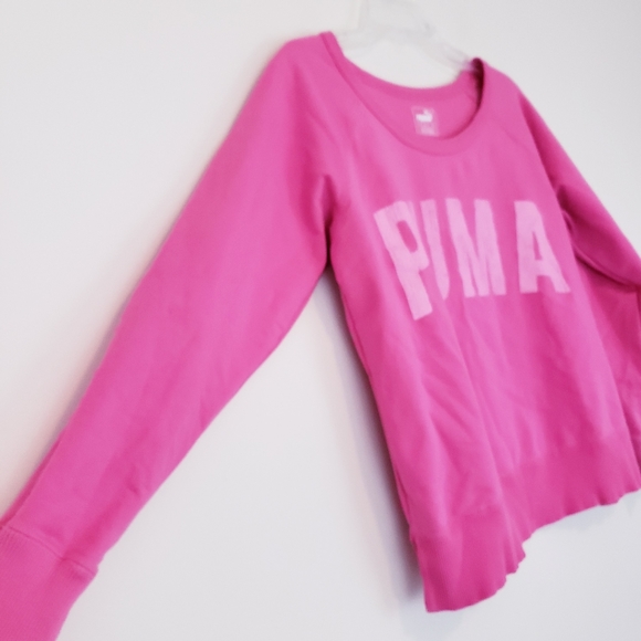 PUMA Pink Sweatshirt Crewneck Faded Block Logo Text Loungewear Slouchy Medium - Picture 6 of 7